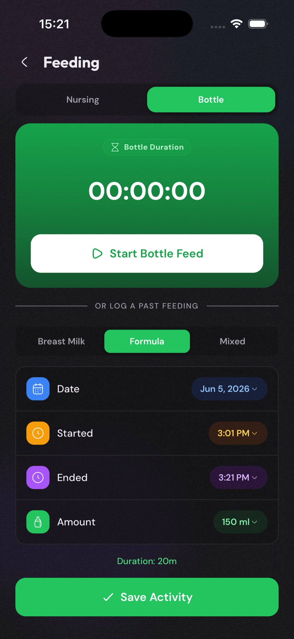 Pebby feeding screen with a bottle timer and a past-feed log form