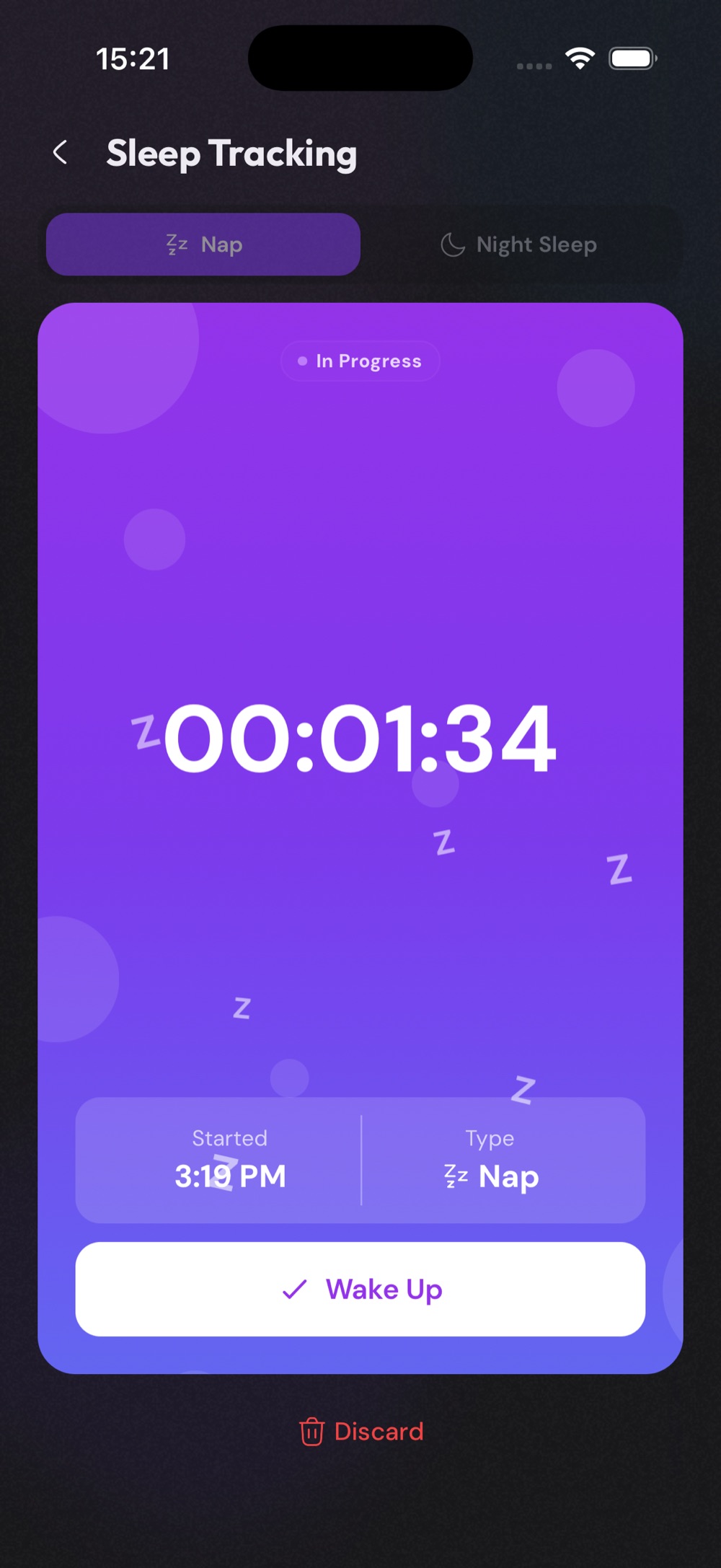 Pebby sleep tracking screen with a running nap timer